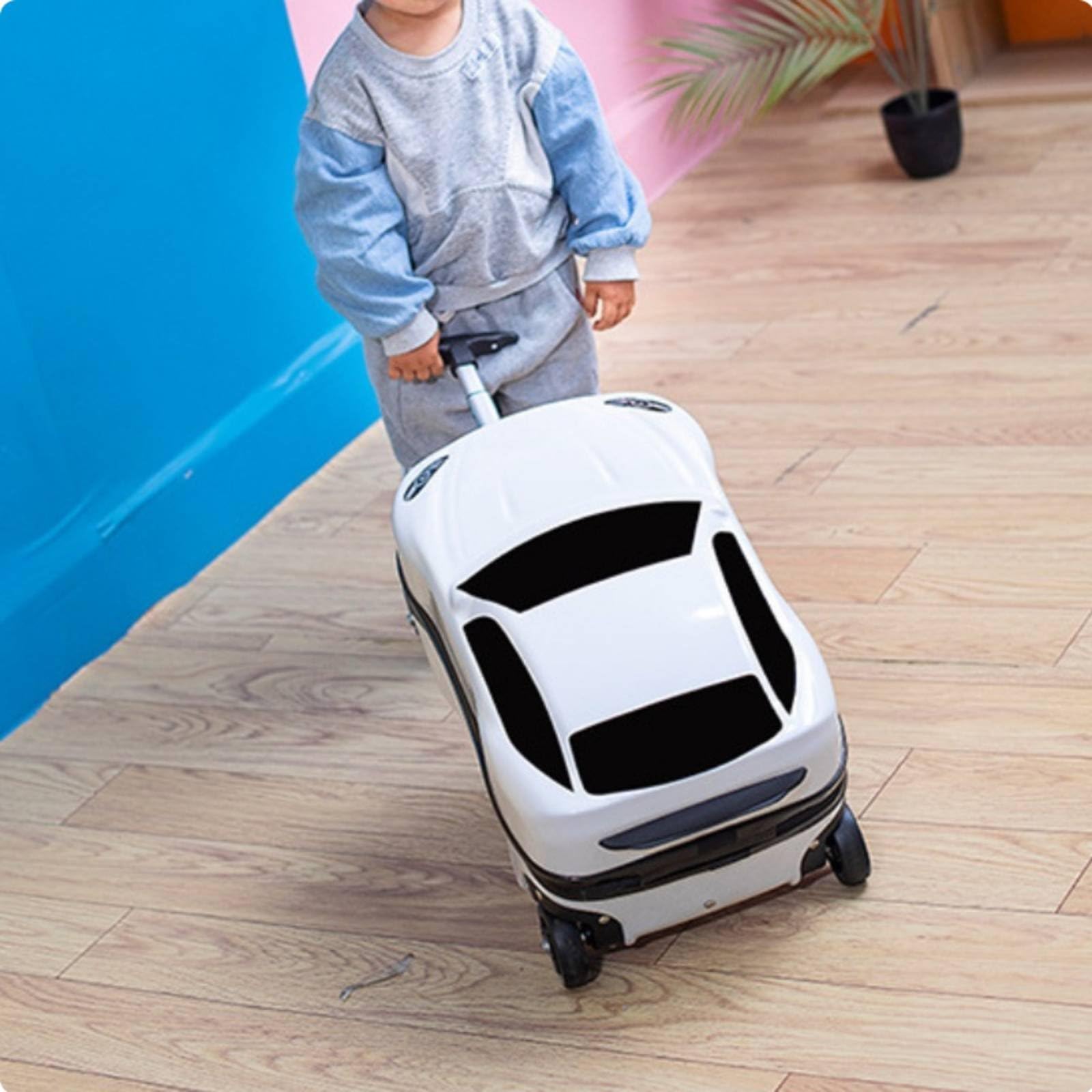 Valise Enfant Forme de Voiture 3D, Bagage à roulettes avec Poignée Télescopique, Valise Porteur Enfant à Chevaucher Accessoire de Déplacement pour Voyage et Aéroport, Blanc