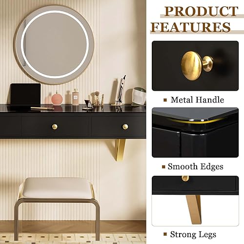 Miniatura 5 de Tocador de maquillaje blanco flotante con espejo LED y almacenamiento, escritorio de tocador montado en la pared para espacios pequeños, dormitorio