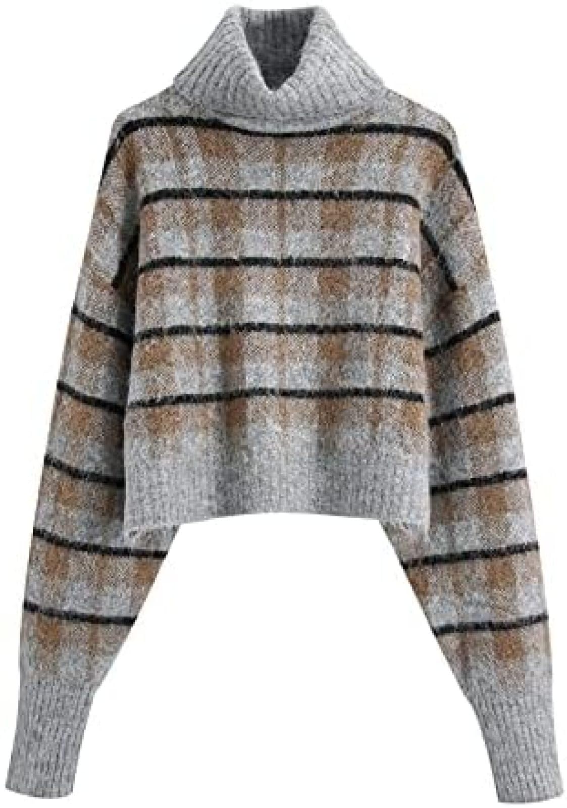 Women Plaid Sweater Ladies Short Style Knitted Jumper Tops,A,L