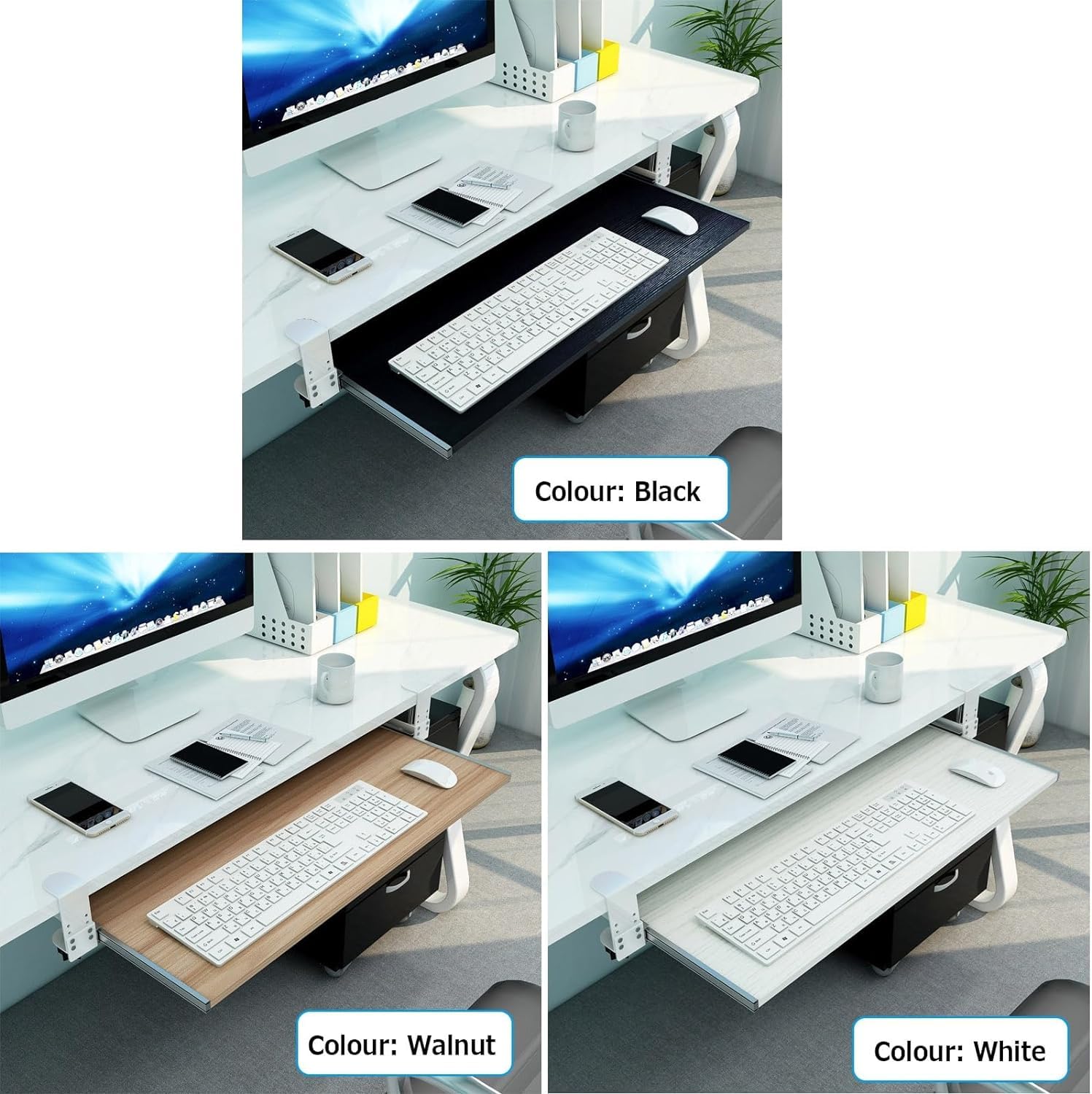 Verstellbare Untertisch-Tastaturablage mit herausziehbarer Mausplattform, ohne Bohren, 75 x 30 cm, Walnussholz, ergonomische Computerschublade für komfortables Tippen