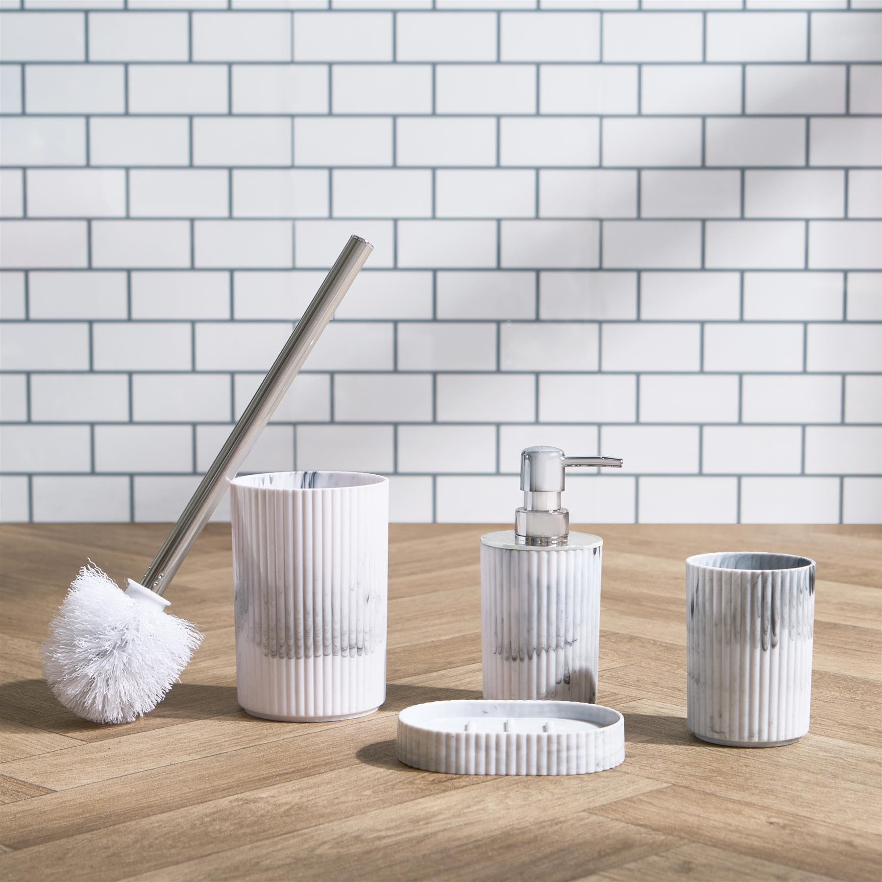 OHS Ribbed Bathroom Accessory Set - Toilet Brush, Soap Dish, Toothbrush Holder, Soap Dispenser - White