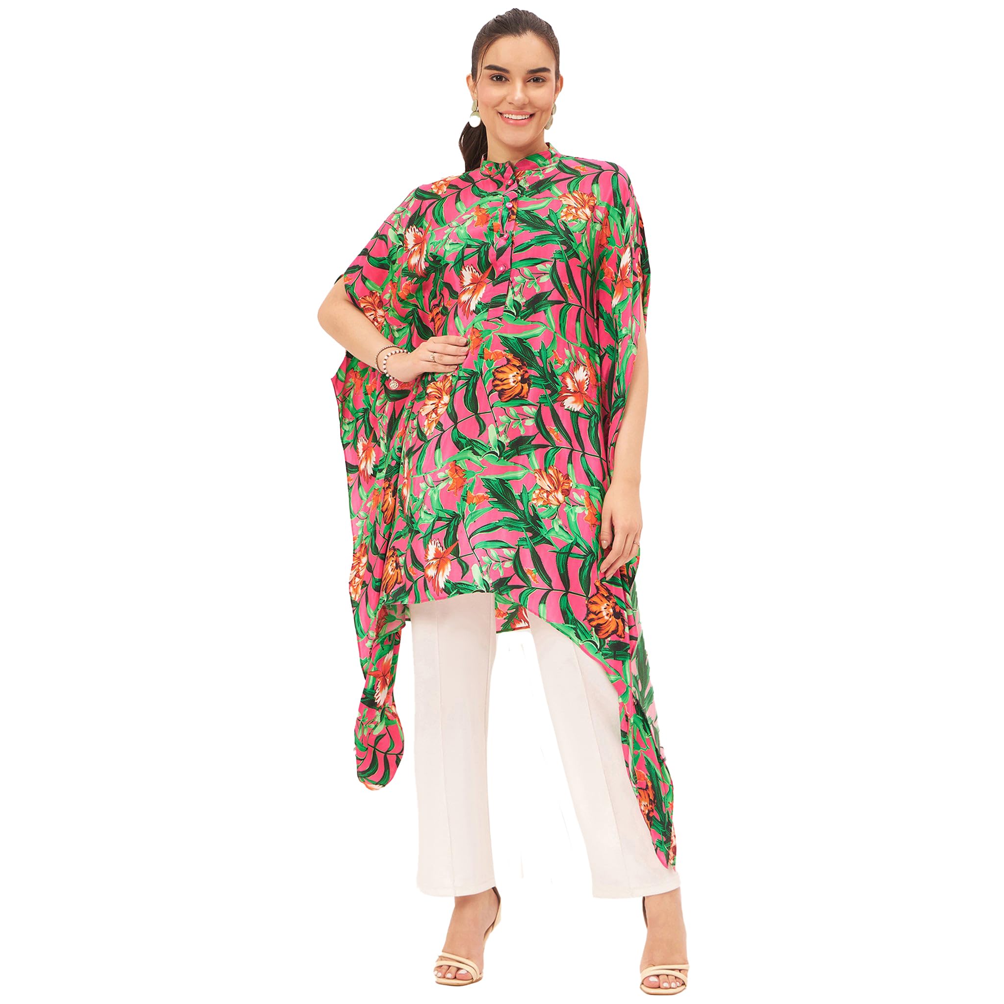 first resort Pink Tropical Print Tunic in Viscose Crepe for Women by Ramola Bachchan-picture-52