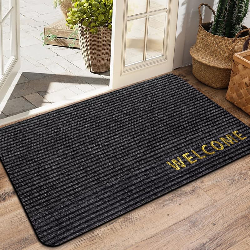 Welcome Door Mat: Heavy Duty Front Door Mats for Entrance?Durable Doormat for Indoor Outdoor?Non Slip Stain Resistant Entryway Rug?Low Profile Floor Mat for Patio Garage Garden, 35"x24", Black