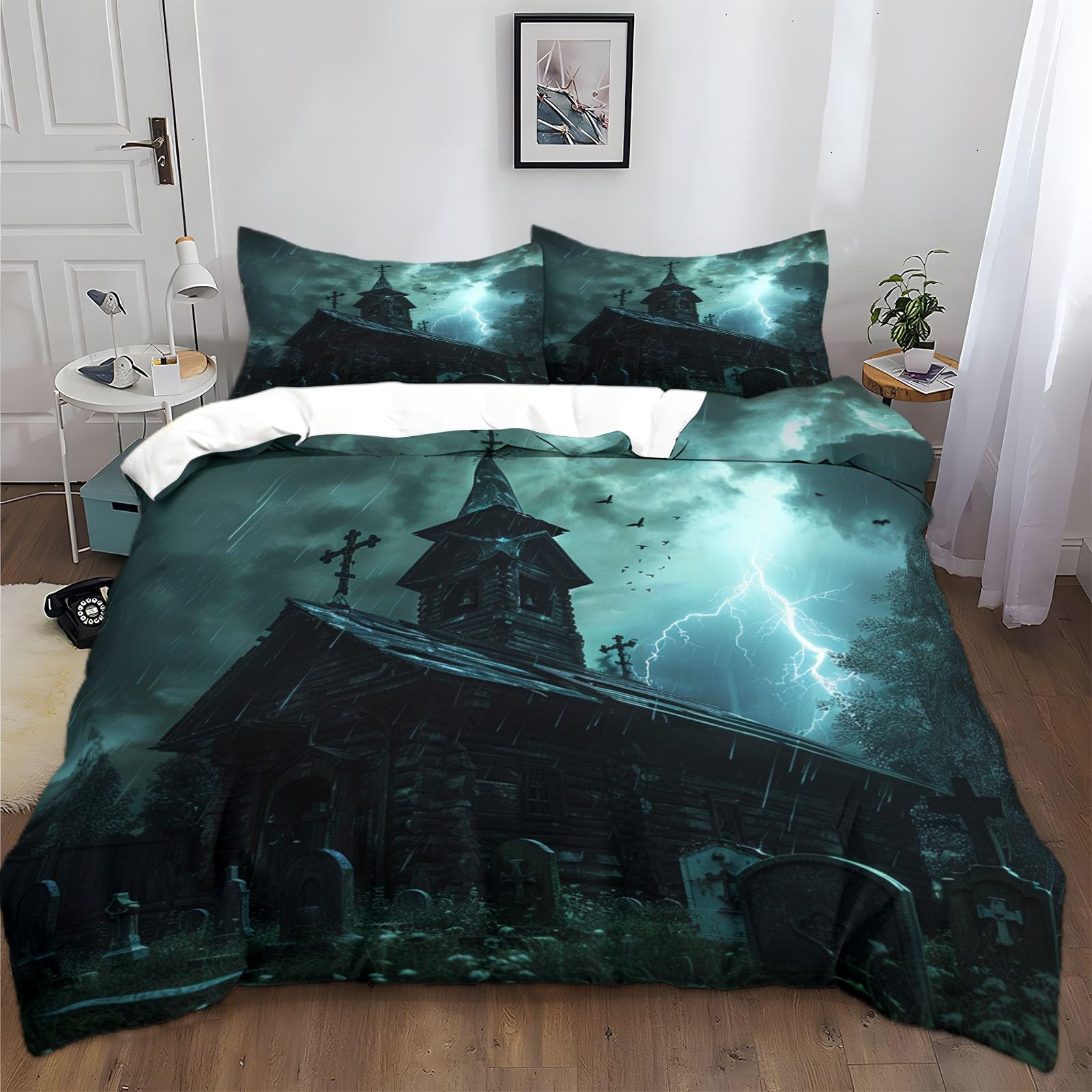 Generisch Zestaw pościeli z motywem zamku na Halloween, motyw zamka, nagrobka, 155 x 220 cm, poszewka na kołdrę, 2 poszewki na poduszkę, lekka i oddychająca, bardzo miękka poszwa na kołdrę, idealna