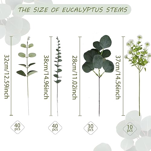 Miniatura 9 de Hojas de eucalipto tallos a granel, 120 unidades, 4 tipos de flores artificiales mixtas, guirnalda de eucalipto, paquete de flores sintéticas en