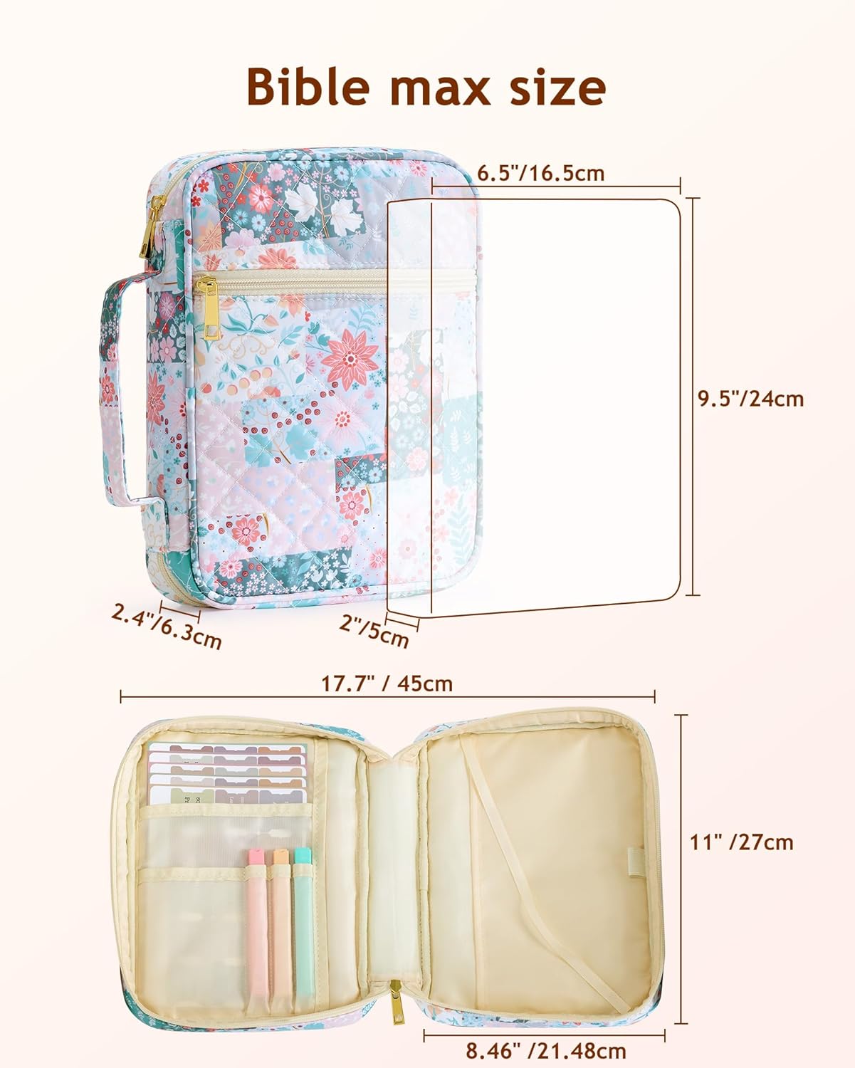 Oterri Bible Cover Case For Women, Large Bible Cover With Bible Study Supplies Accessories, Quilted Soft Bible Tote Bags Church,Classroom,Campus,Neighborhood Association (Flower Quilt, Large)