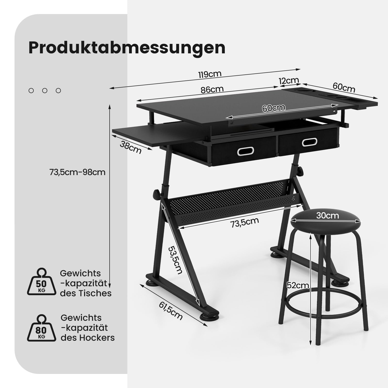 COSTWAY Zeichentisch mit Hocker, Architektentisch höhenverstellbar, Schreibtisch mit neigbarer Tischplatte, Schülerschreibtisch mit 2 Schubladen, Arbeitstisch für Architekt & Künstler (Schwarz)