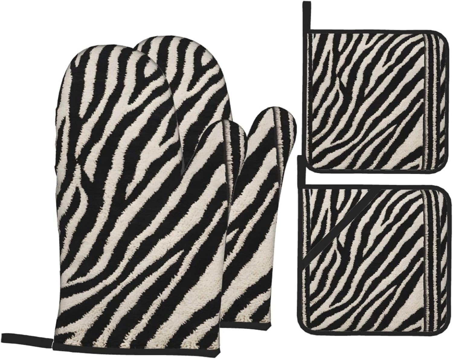 (Zebra Animal) Baking 4-Piece Set: 2 Oven Mitts and 2 Pot Holders Heat Resistant Waterproof Hanging Loop for Kitchen Oven Grill Housewarming Gifts