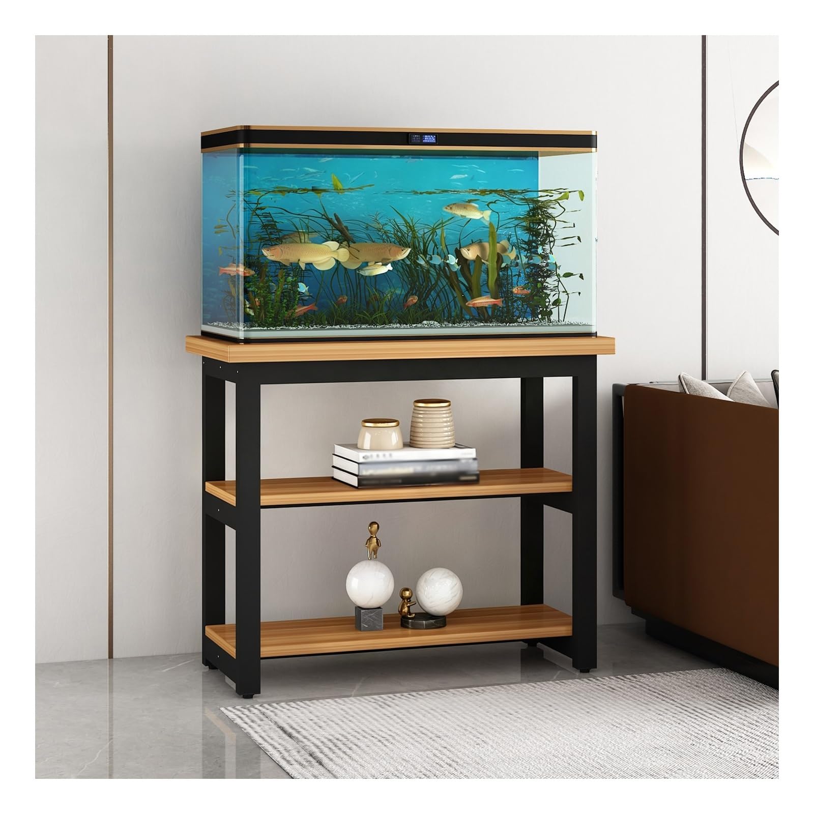 Scaffale per Acquario, Base per Acquari, Supporto per Terrario | Legno Massello, 3 Ripiani, Montaggio Pratico, Montaggio Semplice, Portata di 100 kg(Black C,90x40x70cm/35x12x28in)