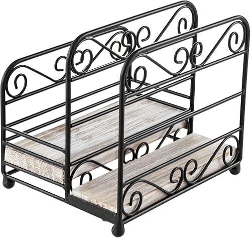 Miniatura 6 de MyGift Country Rustic Scrollwork - Servilletero de metal negro y tarro de especias con compartimento para sal y pimienta con base de madera