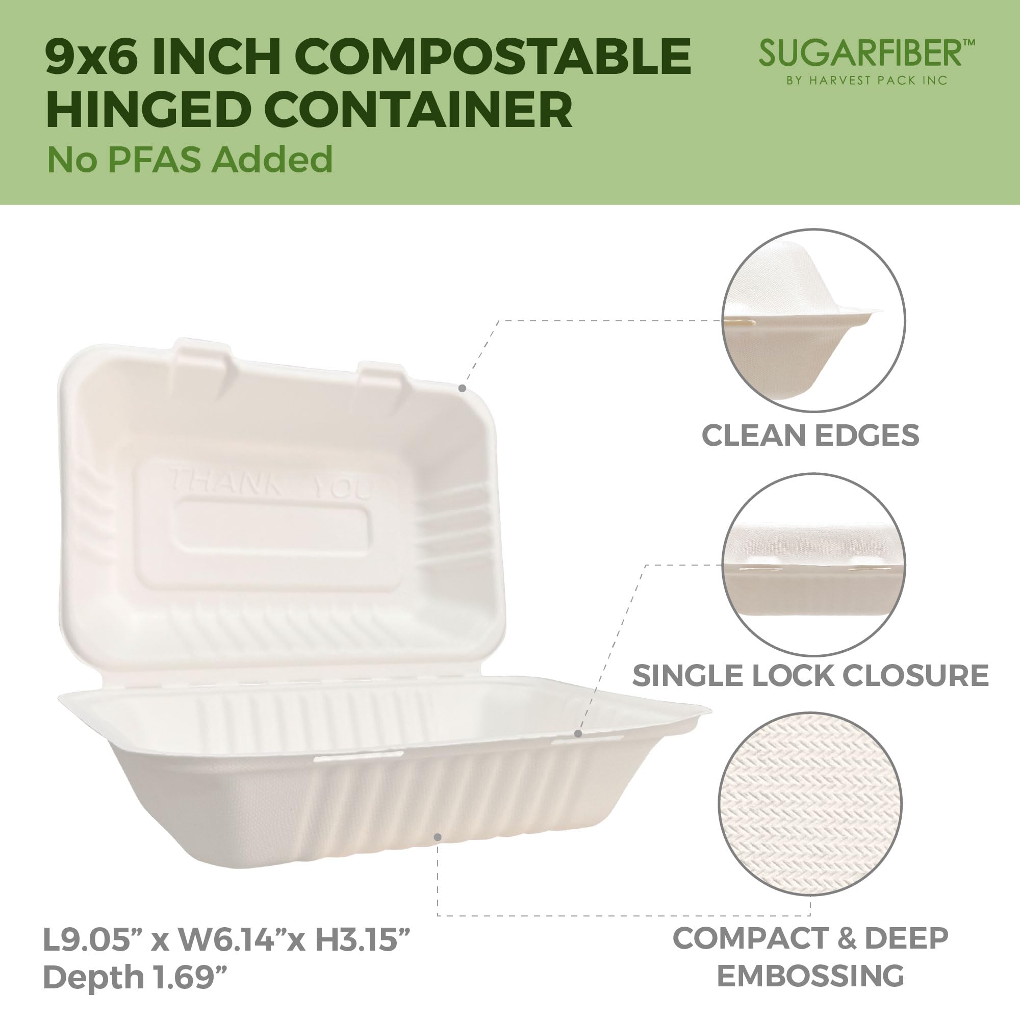 Paquete de cosecha de 8 x 8 pulgadas, contenedor cuadrado compostable blanco con bisagras, caja desechable de un solo compartimento para llevar, hecha de fibras vegetales de bagazo ecológicas, sin