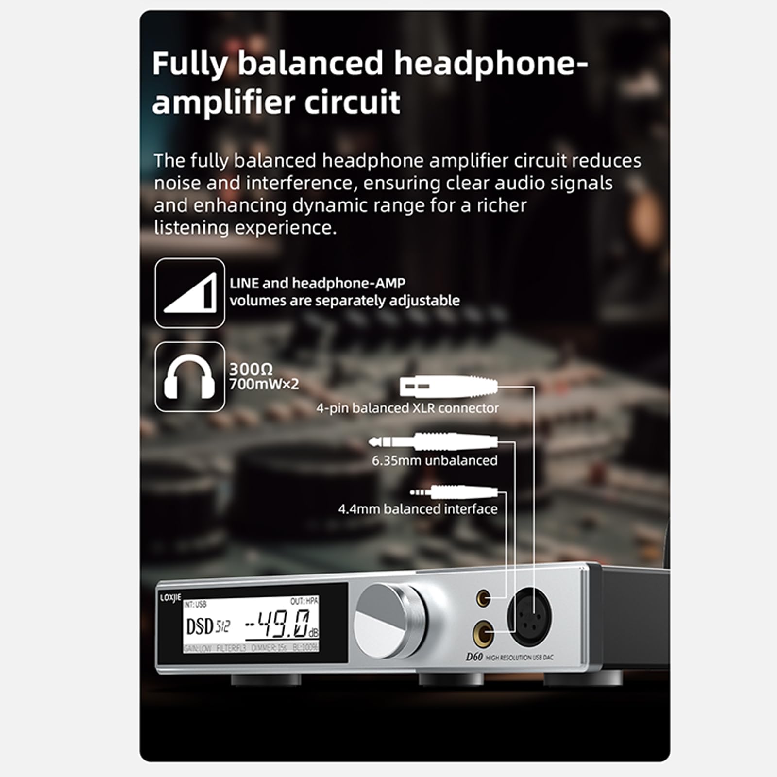 LOXJIE D60 Audio-DAC- und Kopfhörer-Verstärker, voll ausbalanciert, 6000 mWx2, 6,35 mm/4,4 mm/XLR/Cinch-Ausgang, ES9039MSPRO Bluetooth 5.1, 32 Bit, 768 kHz, DSD512 MQA-CD (Silber)