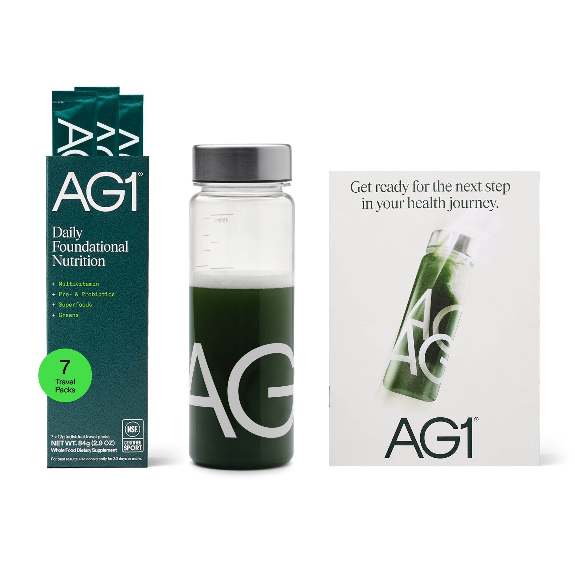 AG1 Athletic Greens 7-Day Starter Kit – All-in-One Greens Powder with Multivitamin, Probiotics, Superfoods – Includes 7 Travel Packs, BPA-Free Shaker