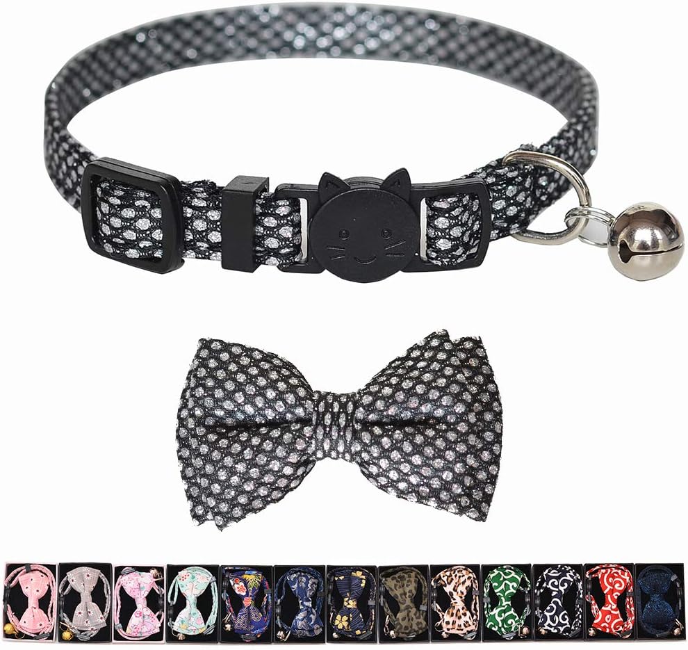 M-YOUNG Cat Collar Christmas Breakaway with Bell and Bow Tie, Leopard Print Design Adjustable Safety Kitty Kitten Collars(6.8''-10.8'') Beige