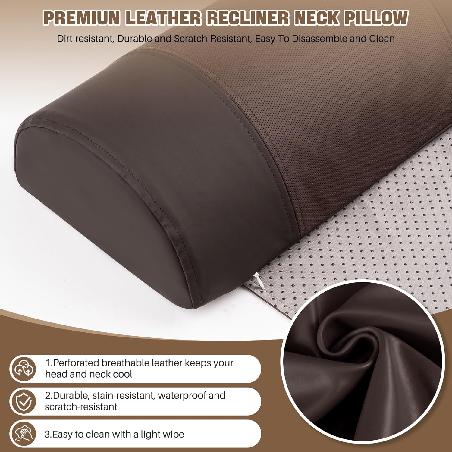 Non-Slip Neck Pillow for Recliner-Adjustable and Removable Leather Recliner Pillow-Neck Pain Relief Support Head Pillow for Travel Home Recliner Sofa Armchair(Dark Brown) - Image 4