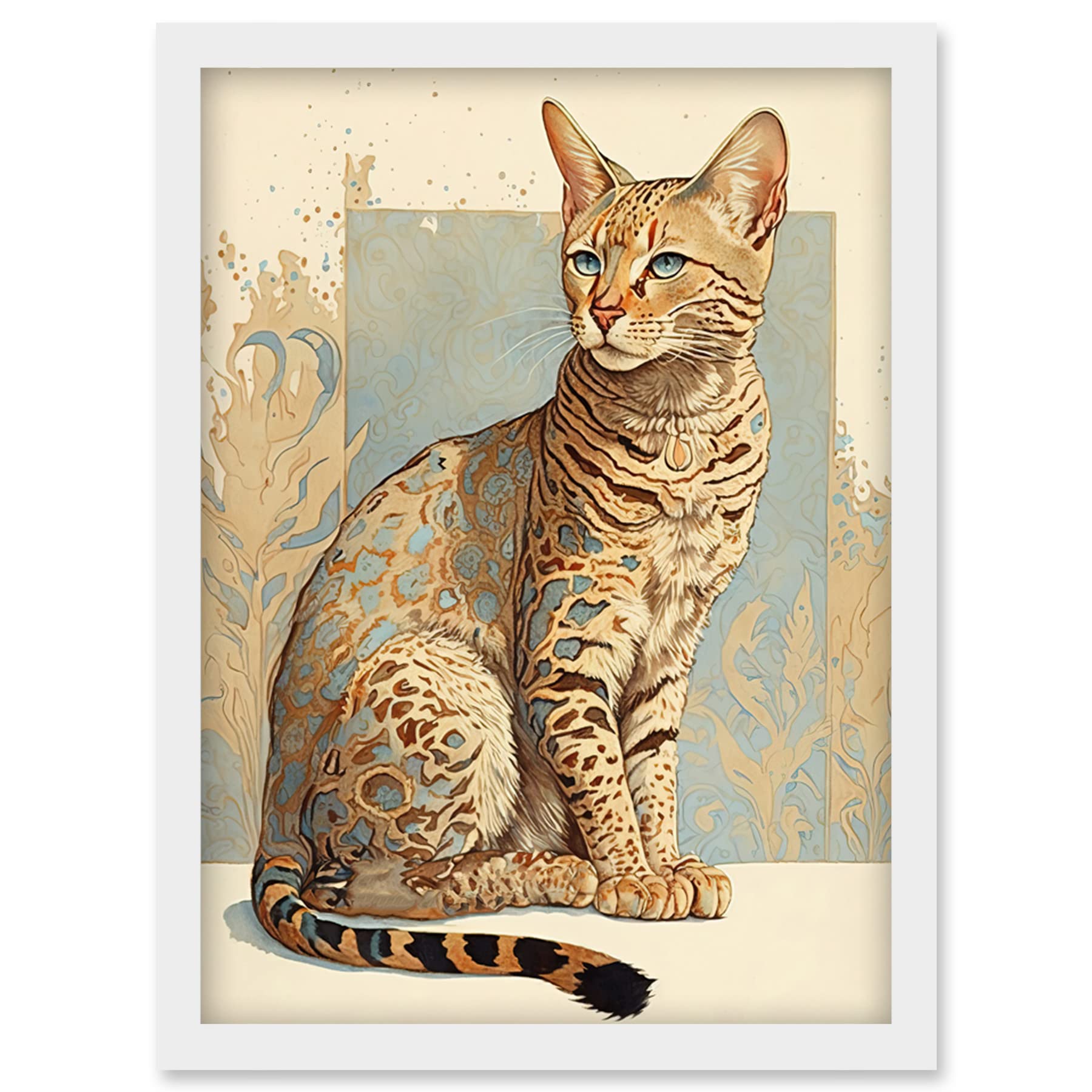 Ocicat Cat Watercolour Illustration Framed Wall Art Print A4 - Turquoise Rosette Pattern Fur - Artery8