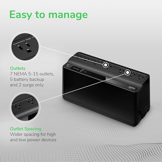 APC UPS Battery Backup for Power Outages, 600VA/330W Surge Protector, 7 Outlets, USB Charging, BE600M1 Uninterruptible Power Supply for Computers, Wi-Fi Routers, and Home Office Electronics