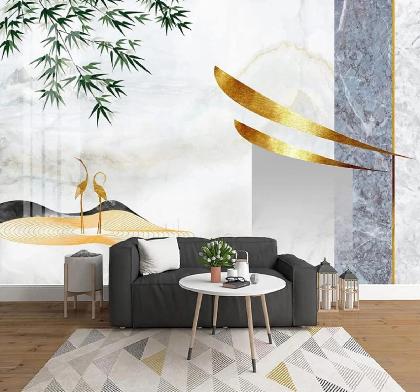 XLMING Bamboo Leaves Geometric Patterns Faux Marble Landscape 3D Wallpaper Luxury Silk Study Dining Feature Sofa Grey Bedroom Living Room Tv Decorative Wall-430cm×300cm