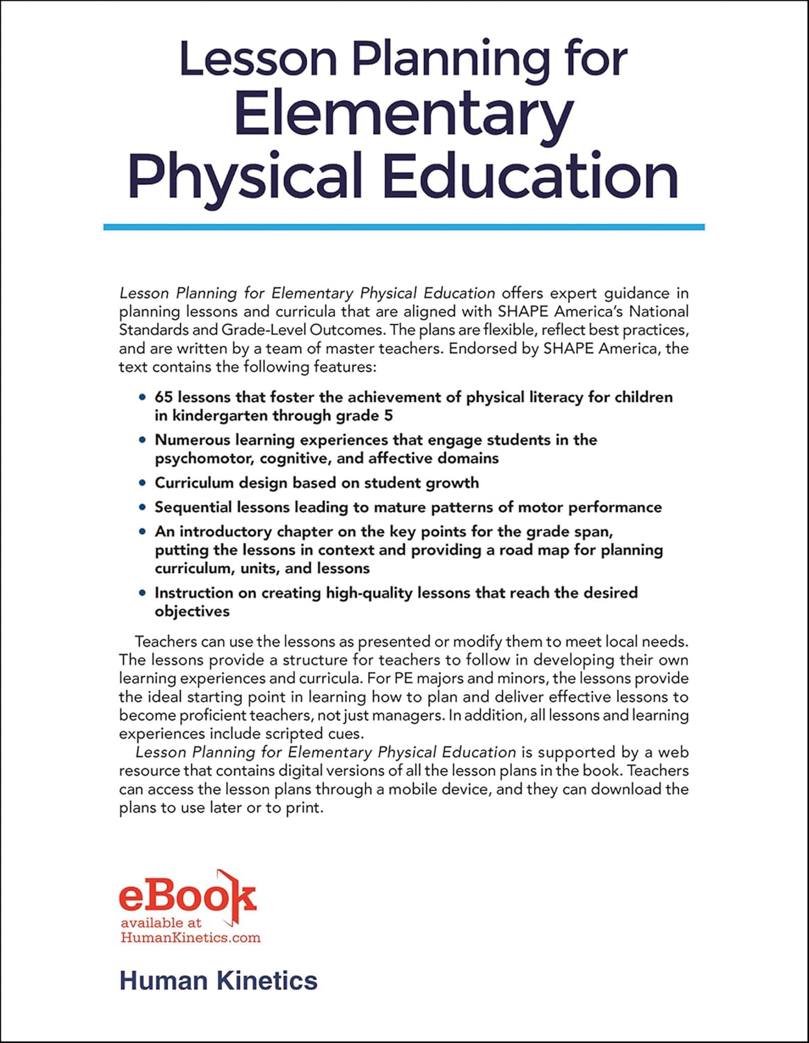 Lesson Planning for Elementary Physical Education: Meeting the National Standards & Grade-Level Outcomes (SHAPE America set the Standard)      First Edition