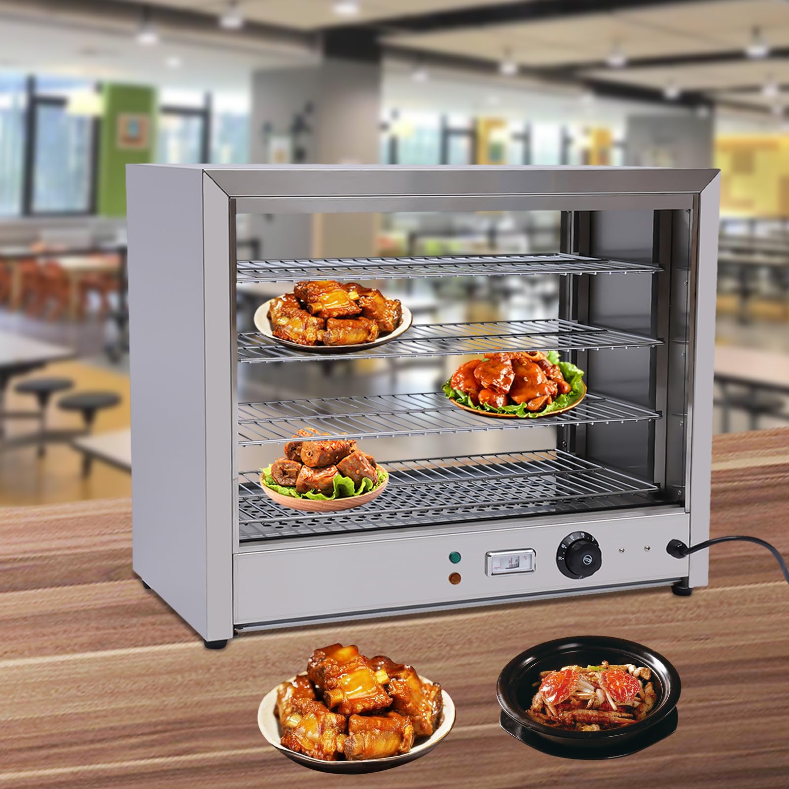 Vetrina per alimenti a 4 piani, per conservare il calore, per snack e spuntini commerciali, illuminata, calda e commerciale, 800 W, 30 – 85 °C