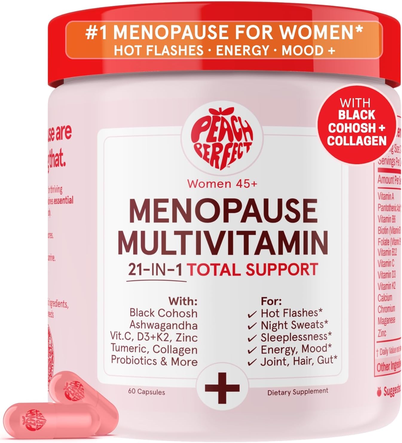 Menopause Multivitamin | 21 Vitamins for Women 45+ | Black Cohosh, Ashwagandha, Vitamin D3+K2, Probiotics & Collagen | Support for Hot Flashes, Mood Swings, Joint & Skin Health | 30 SVG