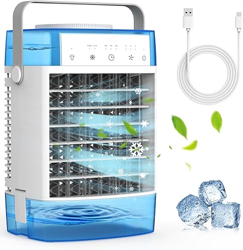 Aire acondicionado portátil, unidad de CA pequeña de 3 velocidades, enfriador de aire evaporativo con función de temporizador, luz nocturna de 7