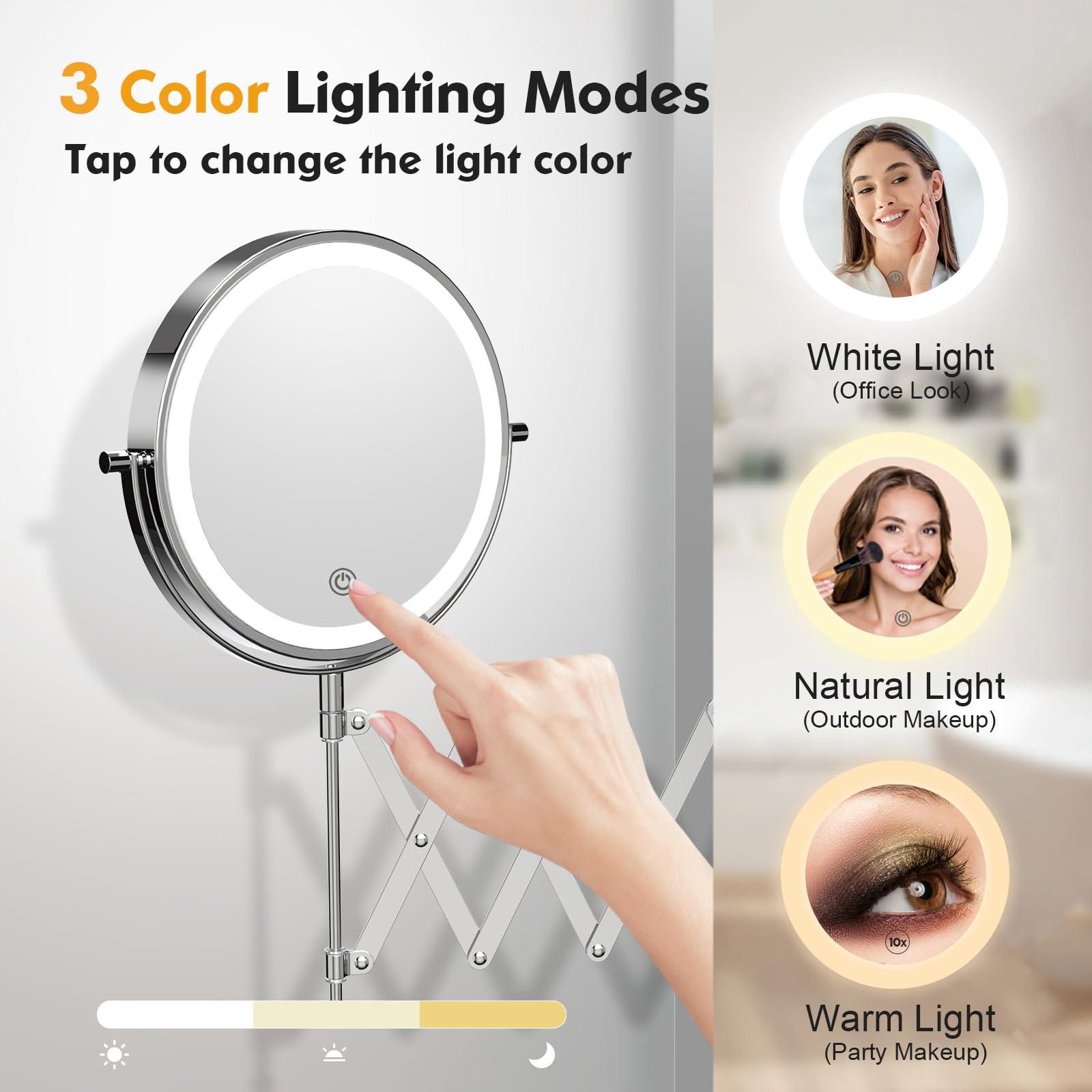 Specchio Cosmetico Ricaricabile USB con Illuminazione, Ingrandimento 1x/10x, Specchio da Barba Dimmerabile, 3 Colori, Specchio da Trucco Touchscreen, Girevole a 360°, Specchio da Parete per Bagno