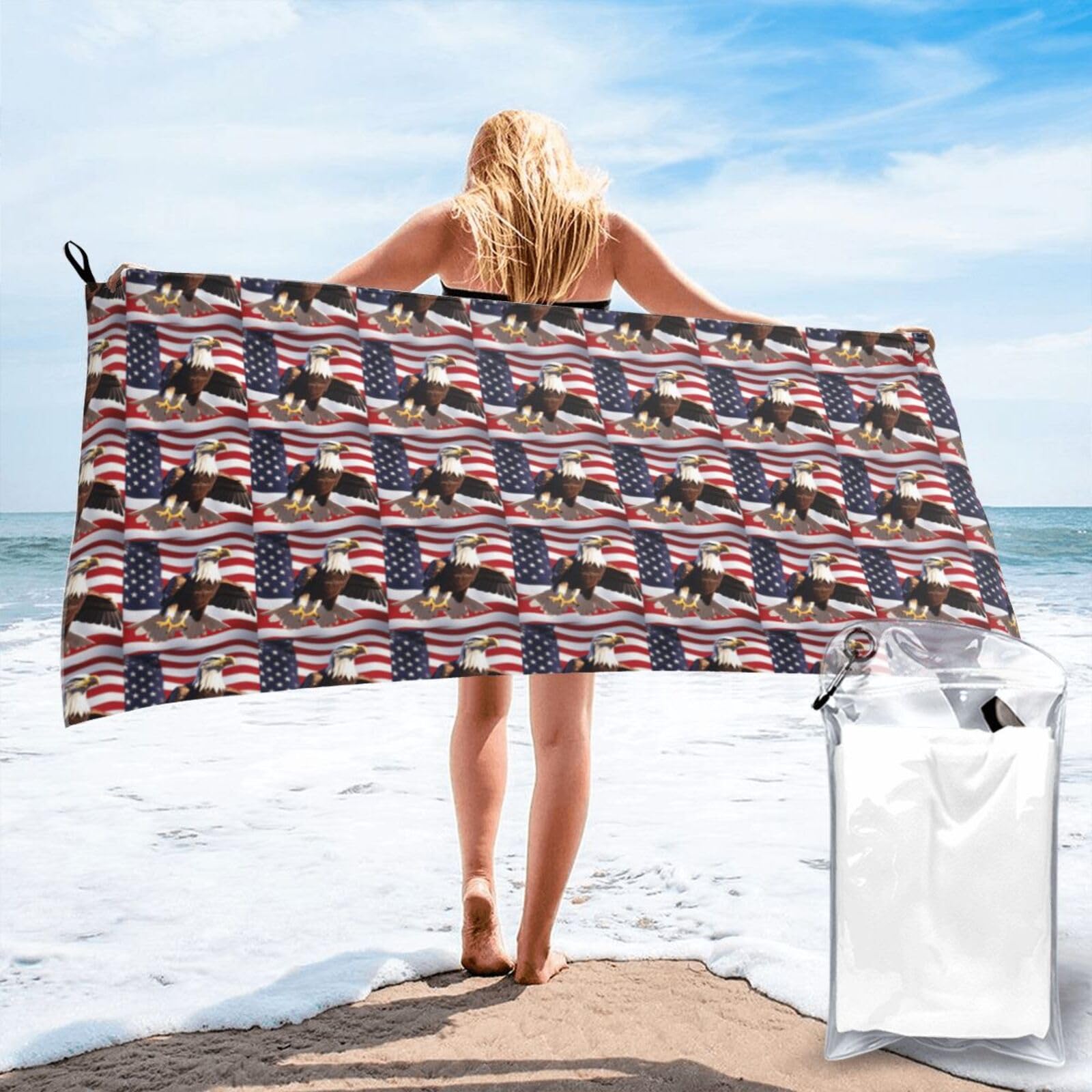 NImongt Bald Eagle With American Flag Print Adult Towel Travel Gym Beach Hiking Yoga Camping Lightweight Quick Dry Versatile