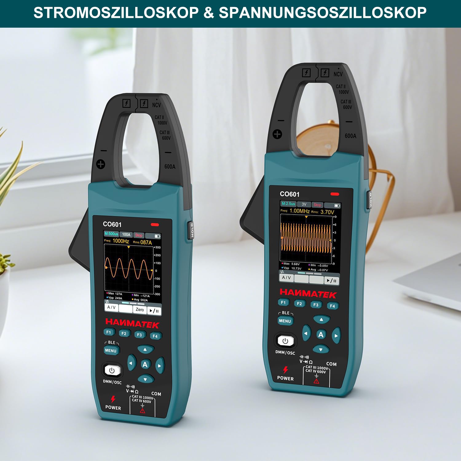 HANMATEK CO601 Zangenoszilloskop,5.0MSa/s,600A AC/DC Strommessung,1000V Spannungserkennung,Auto/Manuell Bereich, Datenaufzeichnung,NCV,Akku, APP
