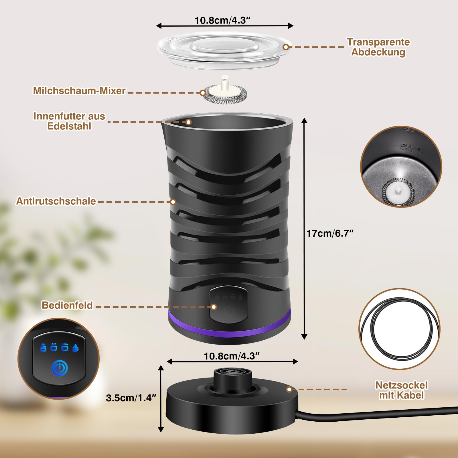 Montalatte elettrico 4 in 1, capacità 600 ml, in acciaio inox, rivestimento antiaderente, schiuma di latte calda e fredda, per latte macchiato, cappuccino e cacao (nero)