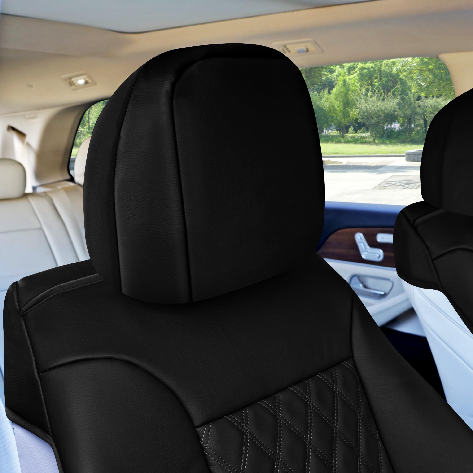 FH Group Juego de Cojines de Asiento de Coche de Piel sintética con patrón de Diamante (Negro sólido) con Regalo, Ajuste Universal para Coches, Camiones y SUV