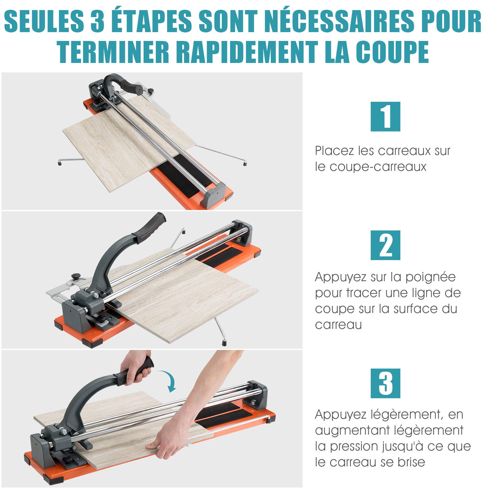 GOPLUS Coupe-Carreaux Manuel avec Cadran en Alliage Amovible et Pieds de Support, Longueur de Coupe 600 MM, Épaisseur de Coupe Maximale 12 MM, Angle de Coupe 0-60° pour Professionnels et Débutants