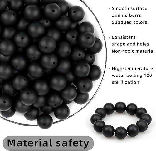 Vista 5 de CZWZ 160 cuentas de silicona negra, 0.59 pulgadas, cilíndricas, sueltas para hacer llaveros, bolígrafos, collares, joyas, pulseras, manualidades