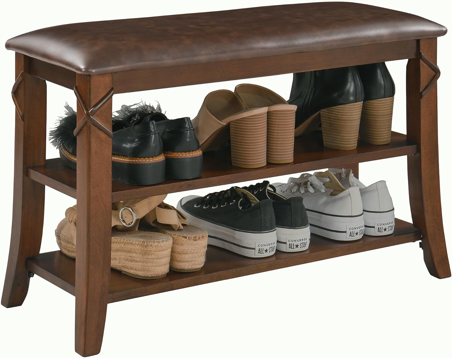 Shoe Storage Bench with Solid Wood Legs, No-tool Assembly, 2-Tier Entry Shoe Rack Bench with PU Cushion, Shoe Organizer, Holds Up to 300 lb, 11.4 x 27.5 x 18.3, Cherry Leg and Embossed Brown HXDDR200