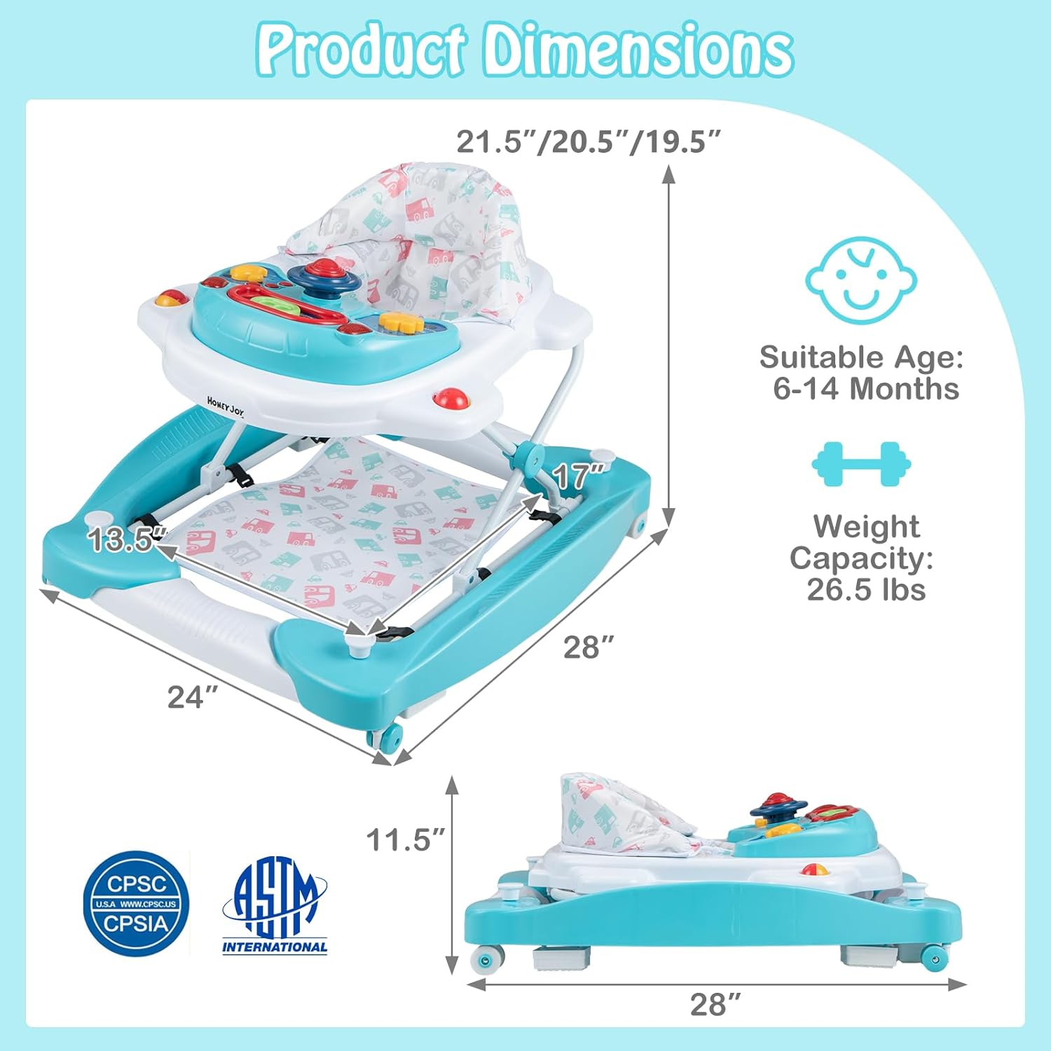 HONEY JOY Baby Walker, 6-in-1 Foldable Baby Walker and Bouncer Combo, Infant Activity Walker with Wheels, Adjustable Heights, Rocker, Music, Lights, Walker for Baby Boy Girl 7-14 Months (Green)
