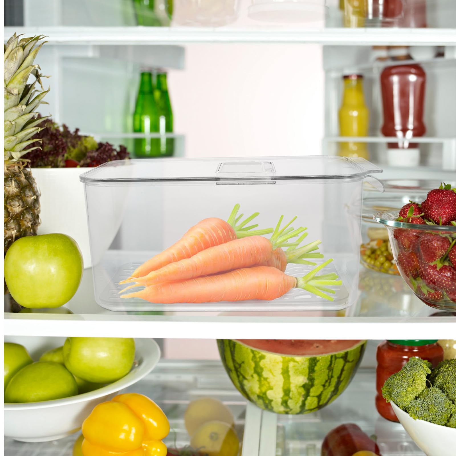 Contenedor de Almacenamiento para Refrigerador Pet Pp Gran Capacidad | Bandeja de Drenaje, Sellado Hermético para Conservación, Organización de Frutas y Verduras