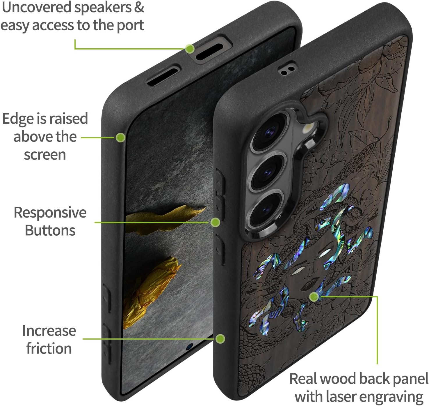 Carveit Magnetic Wooden Case for Samsung Galaxy S26 Case, Wood Artisan Engraved & Handmade Shell Inlaid, Compatible with MagSafe Wireless Chargers (The Medusa Enigma) Blackwood