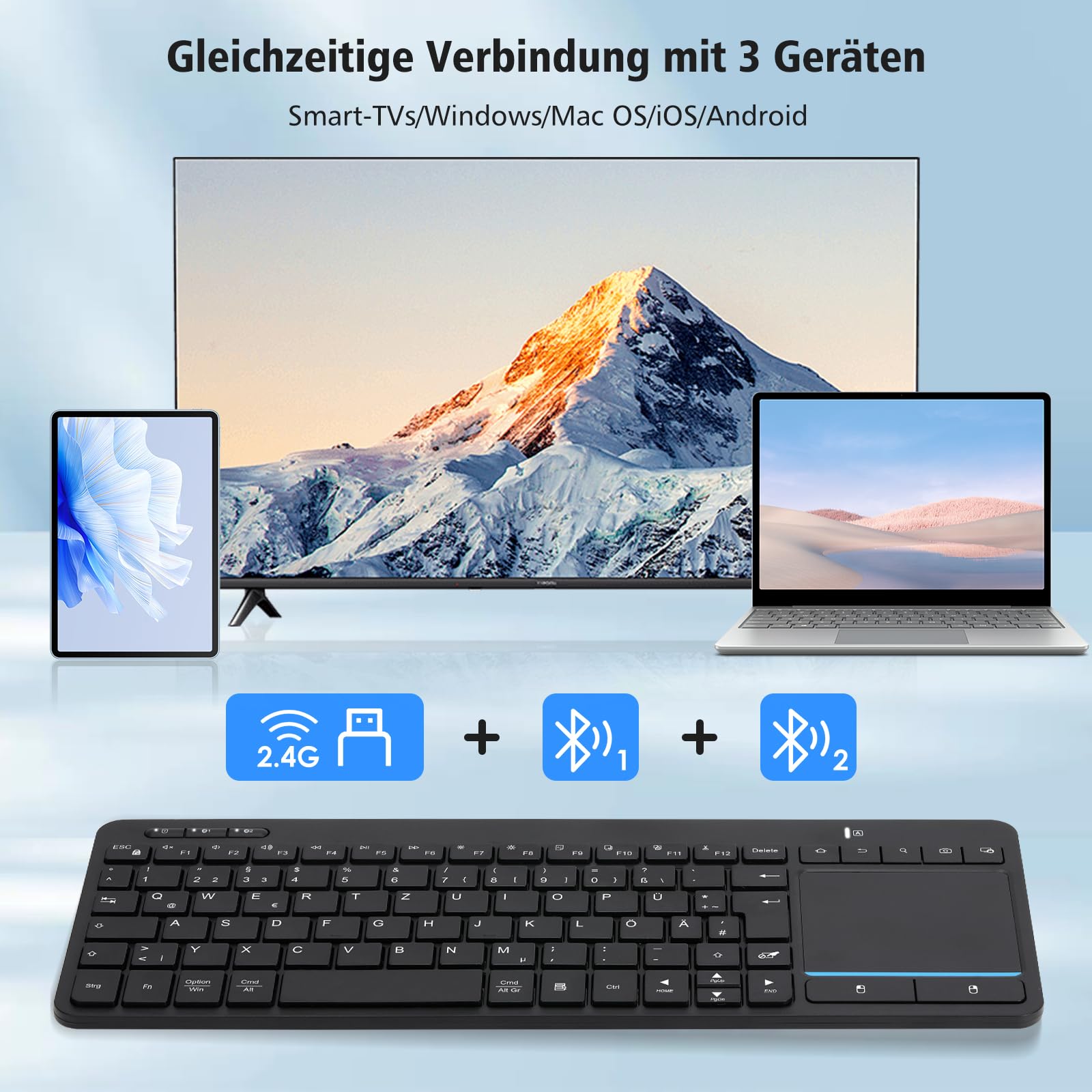 Teclado Bluetooth inalámbrico con panel táctil (Dual BT+USB 2.4G)
