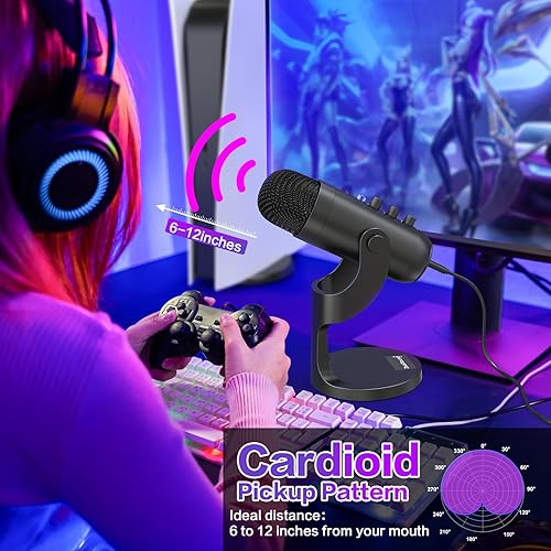 Vista 6 de ZealSound Micrófono de podcast para PC, micrófono USB con cancelación de ruido con ganancia, ajuste de volumen y botón de silencio, monitoreo y eco