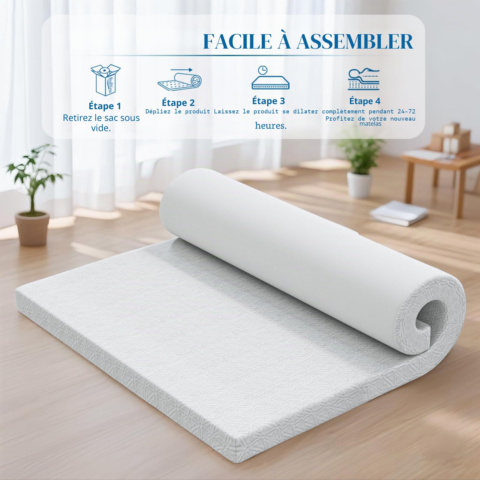 Surmatelas 120 x 200 cm H2/H3, Mémoire de Forme, 10CM épaisseur Surmatelas en Gel avec Housse Amovible et Lavable- Fond antidérapant - 4 Bandes- pour lit à sommier tapissier, canapé-lit, Blanc