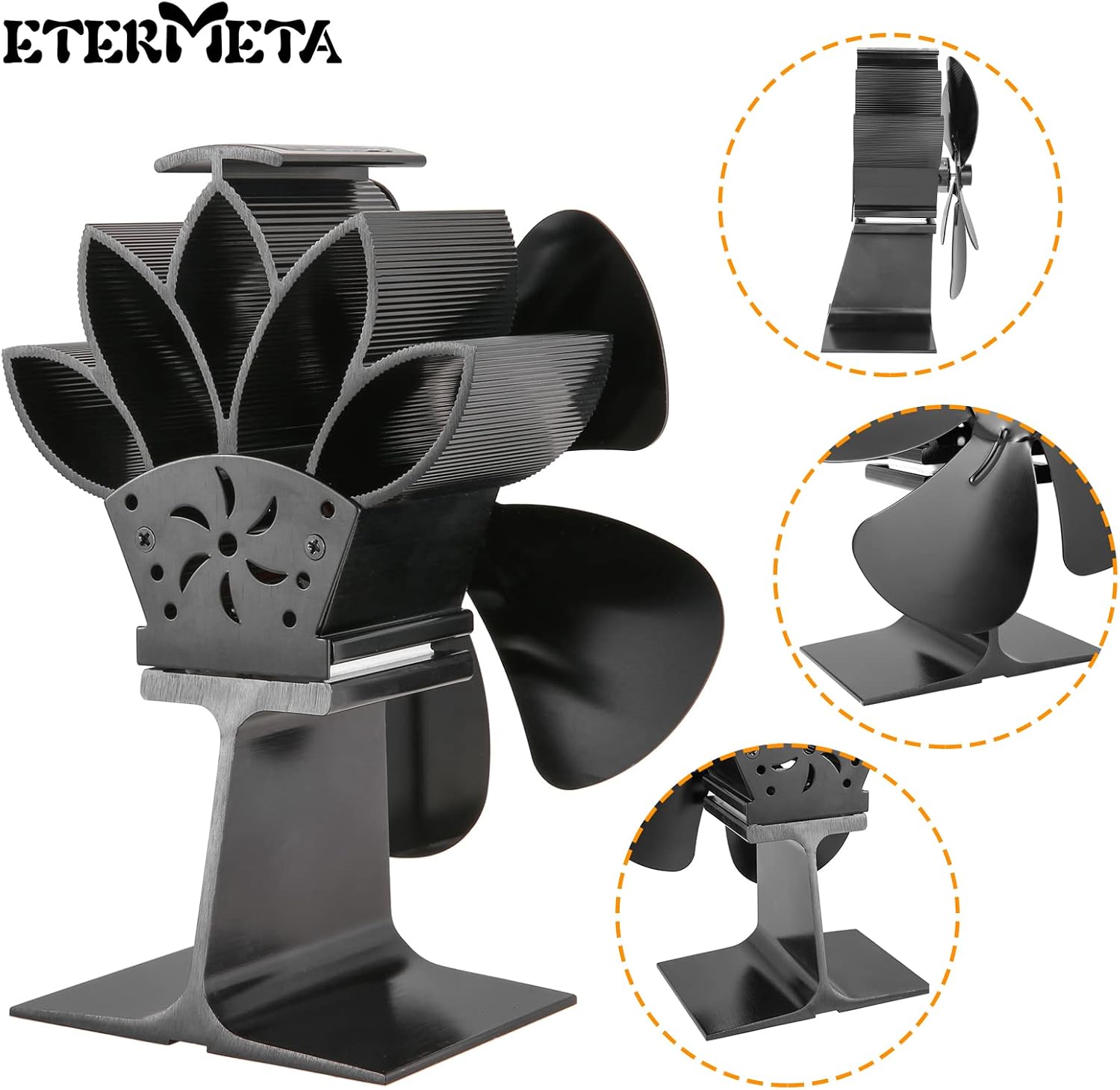 5 Blades Wood Stove Fan Heat Powered Fireplace Fan with Thermometer for Gas/Pellet/Wood/Log Burning Stove, Black
