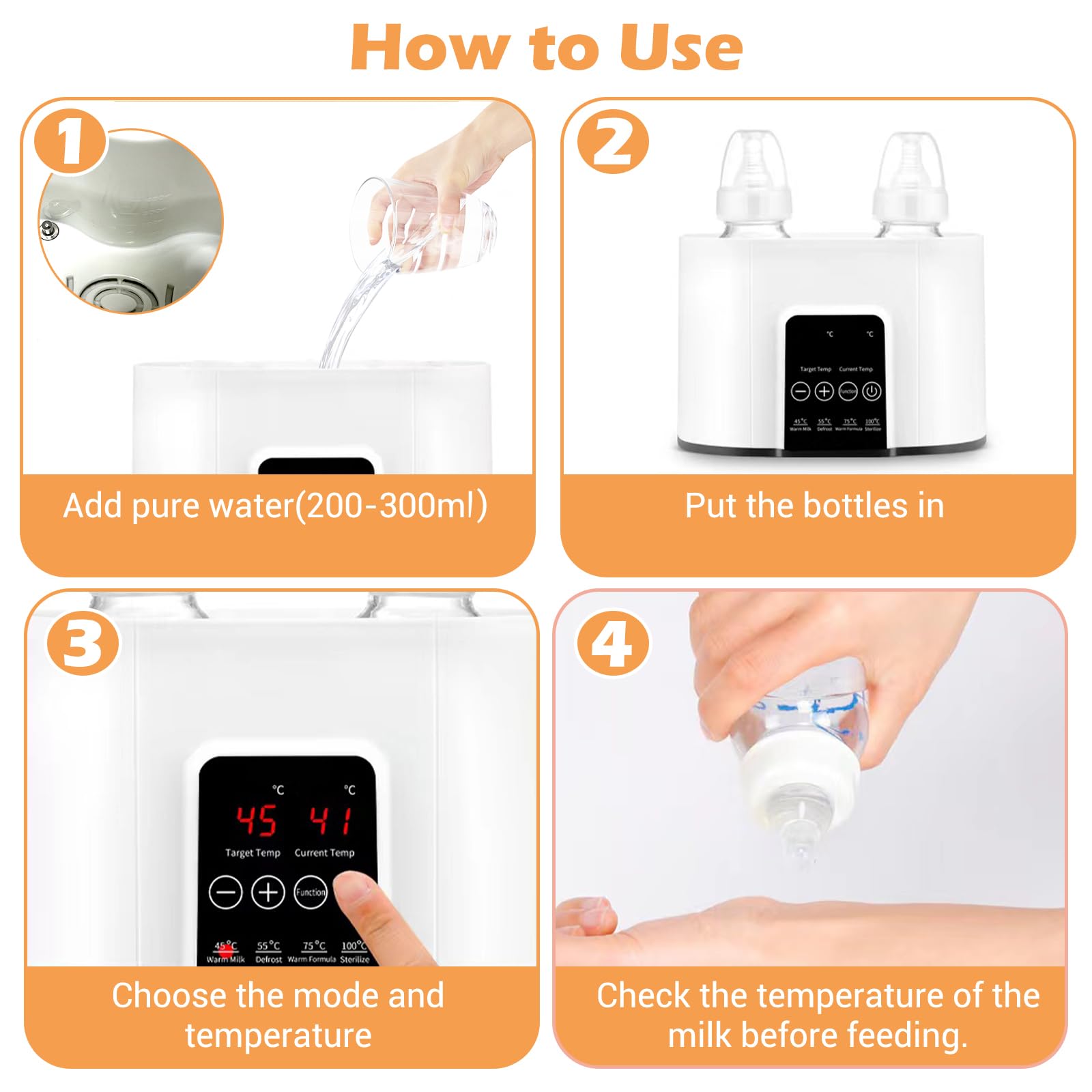 Chauffe-Biberon Électrique 4 en 1, Chauffage Rapide et Précis, Écran LCD avec Réglage de Température, Compatible Lait Maternel et Lait Infantile, Stérilisation et Maintien au Chaud (Blanc)
