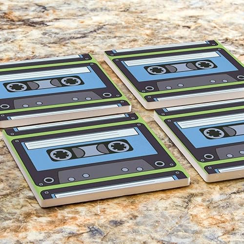 Miniatura 7 de Joyride - Cinta de casete azul, decoración del hogar, 4 posavasos de cerámica, posavasos cuadrados de 4 pulgadas, juego de 4, parte trasera de