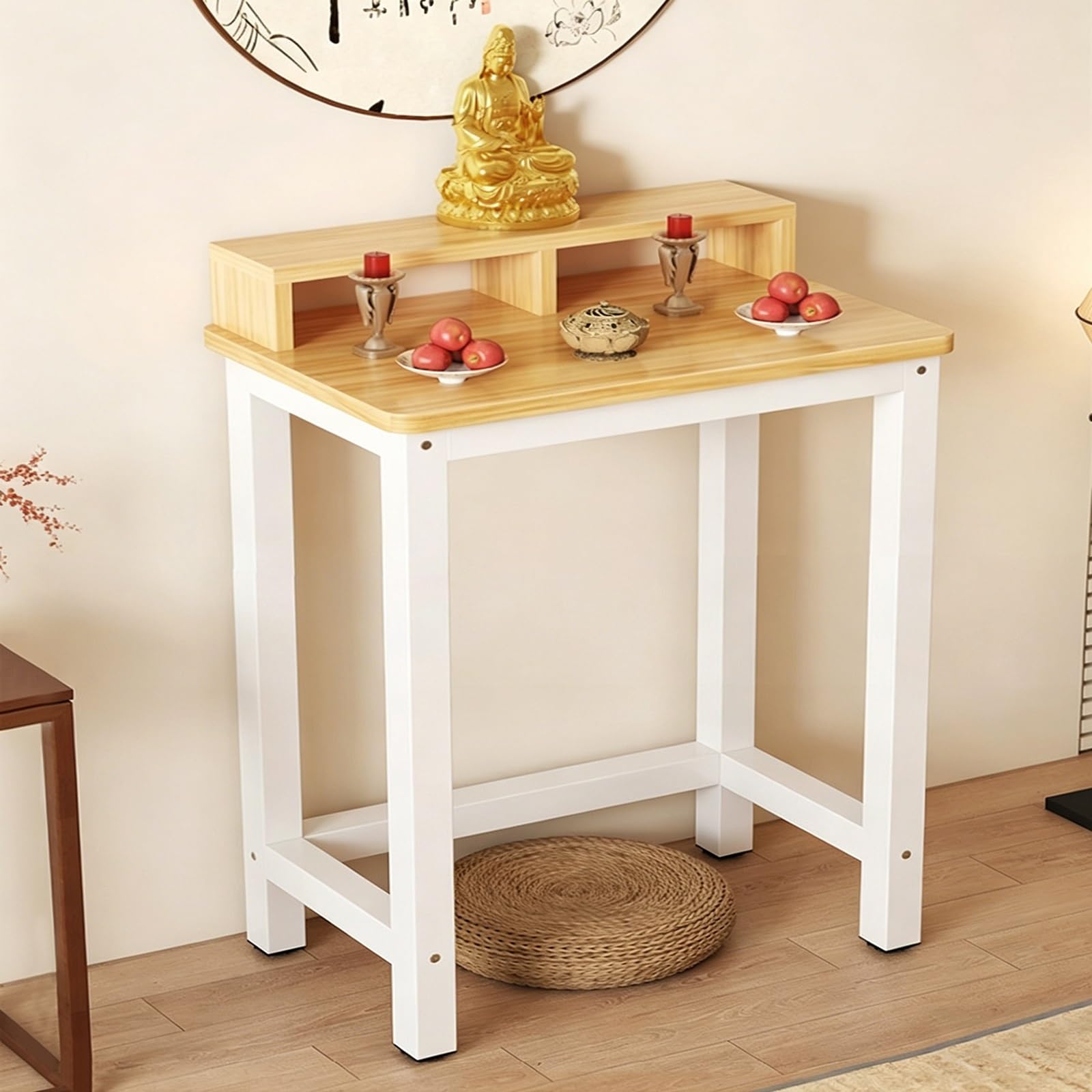 JNTFNE Metal Frame Meditation Altar Table, Buddha Puja Board with Storage, Prayer Stand Display Rack, for Living Rooms, Office, Shrines, Temples(Wood 1,60cm/23.6in)