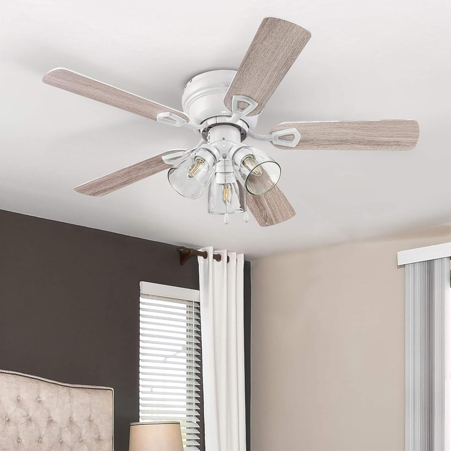 Portage Bay Ceiling 52" Renton Brushed Nickel Indoor Fan with Clear 3 Light LED Multi Arm E26/B11 Bulb and Pull-Chains, Traditional Style, 5 Reversible Gray Oak/Walnut Blades, 51440, 52 Inch