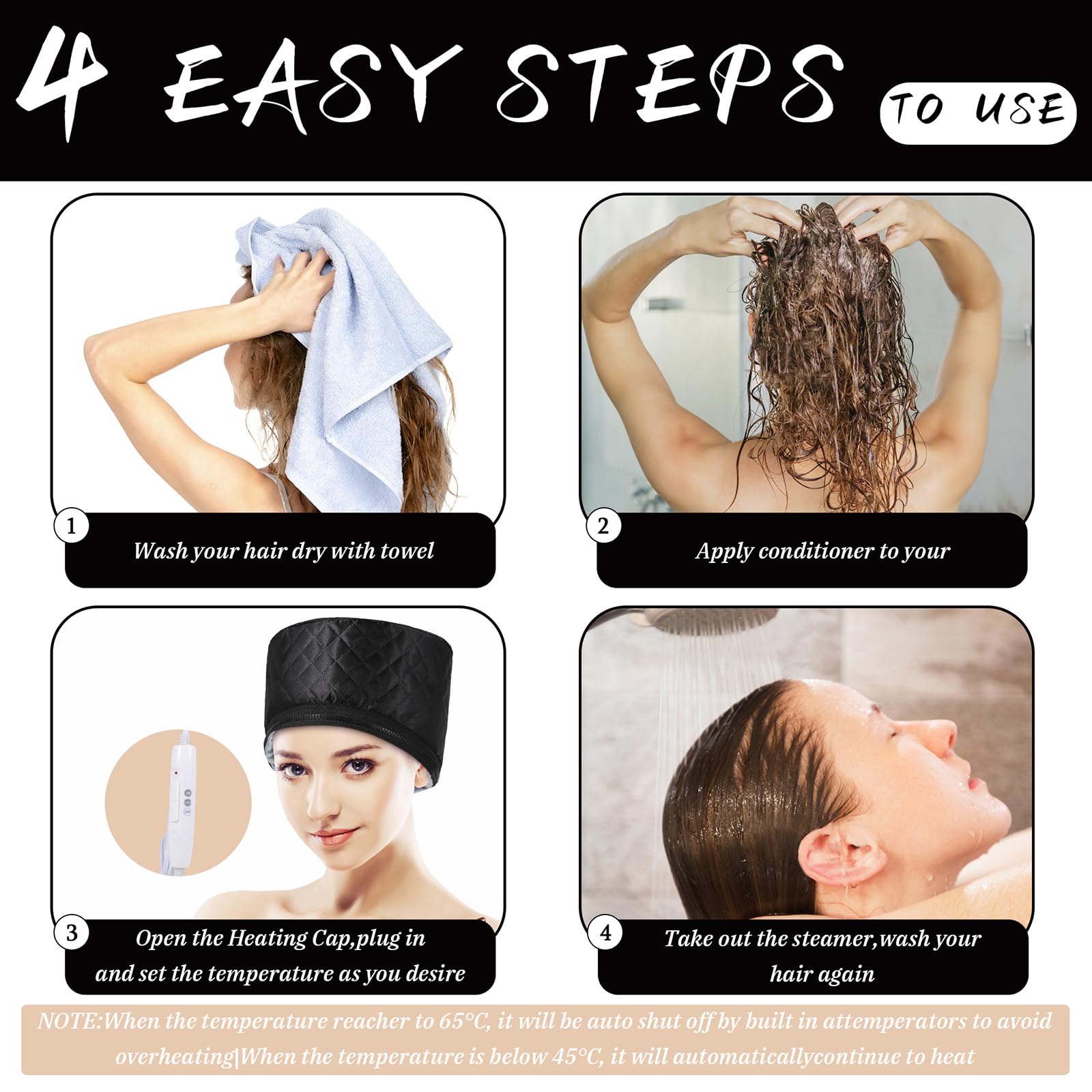 Cappello termico per trattamenti di profondità, cuffia a vapore per maschere per capelli, cuffia riscaldante con 2 modalità di temperatura per spa, salone, casa - Nero