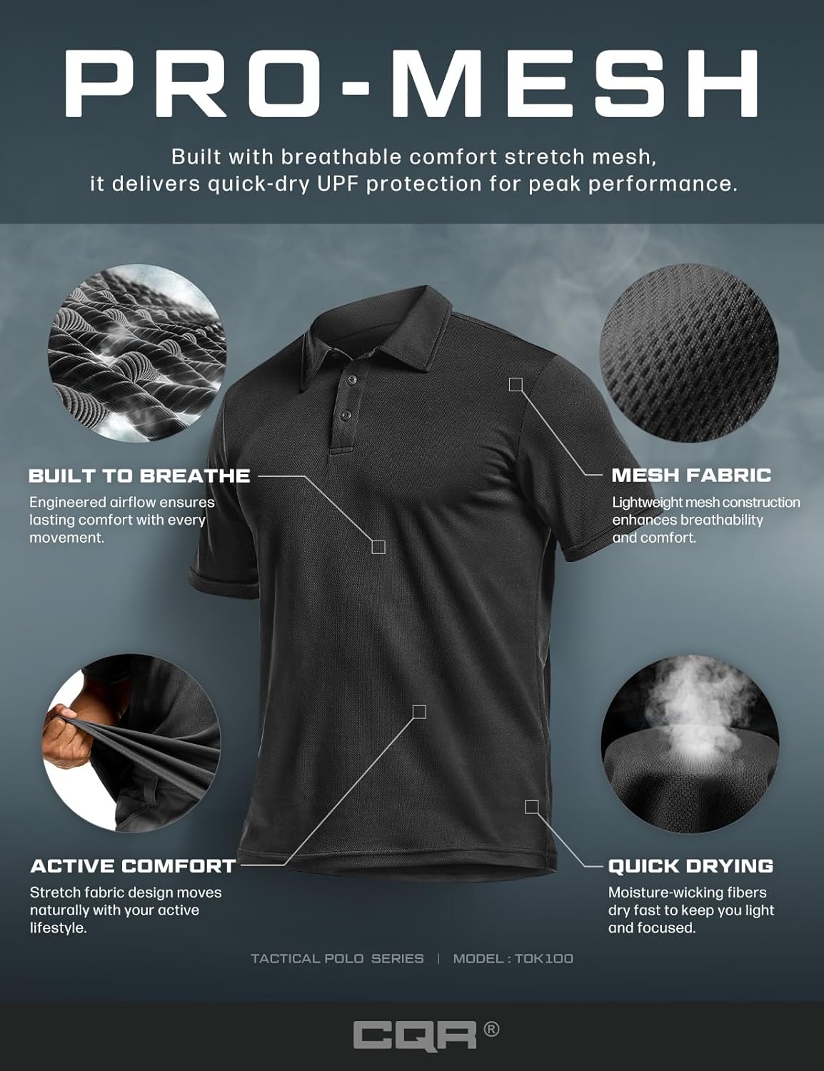 CQR Men's Quick Dry Tactical Polo Shirt, Lightweight Breathable Performance Polo, Short Sleeve UPF 50+ Outdoor Golf Shirt