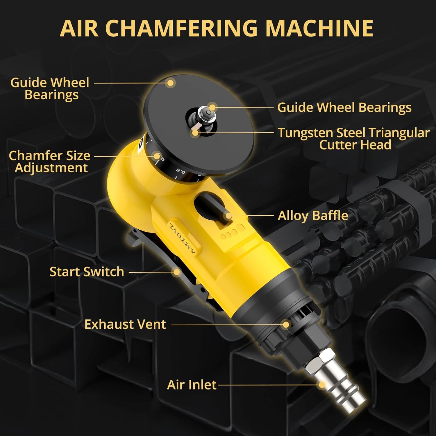 AMTOVL Pneumatic Chamfering Tool - Mini Air Chamfer Tool with 10 C-Angle & 10 R-Angle Blades, 45° 30000 RPM Chamfering Tool for Metal and Wood with 1/4" Air Inlet