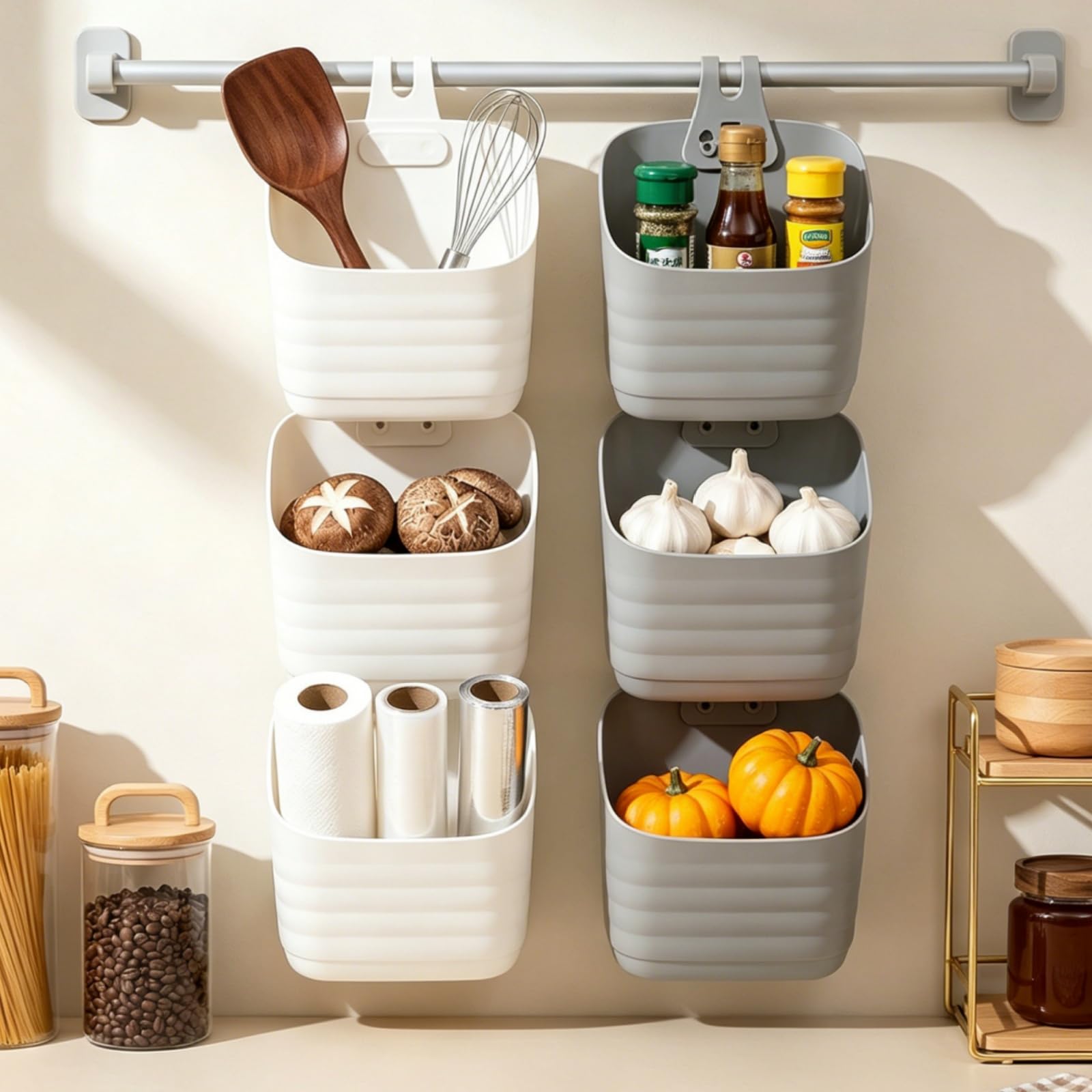 Noamus 6 Pack Plastic Hanging Basket for Kitchen, Over Cabinet Door Organizer with Removable Hook, Stackable Wall Mounted Storage Shower Caddy, No Drilling Shelf Bins for Food Bathroom Pantry Closet