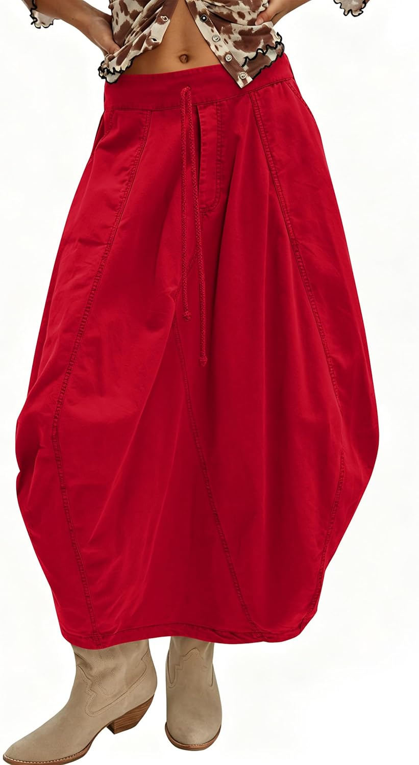 TERIVEEK Women Poplin Midi Skirt Baggy Summer Mid Rise Parachute Skirt Y2k Cargo Maxi Long Skirt with Pockets Streetwear